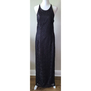 Vtg Whimsigoth Halter Mesh‎ Dress Size 10 Y2K Black Floral Maxi Fairy Gothic